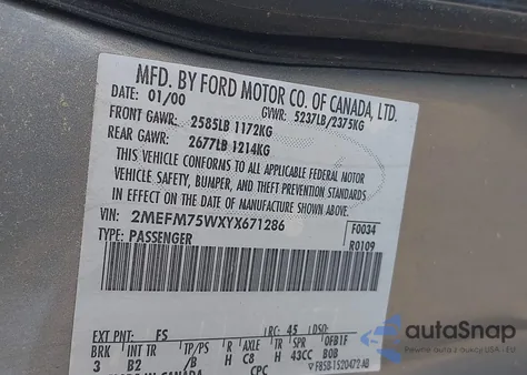 2000 Mercury Grand Marquis Ls из США, поврежденный, VIN 2MEFM75WXYX671286